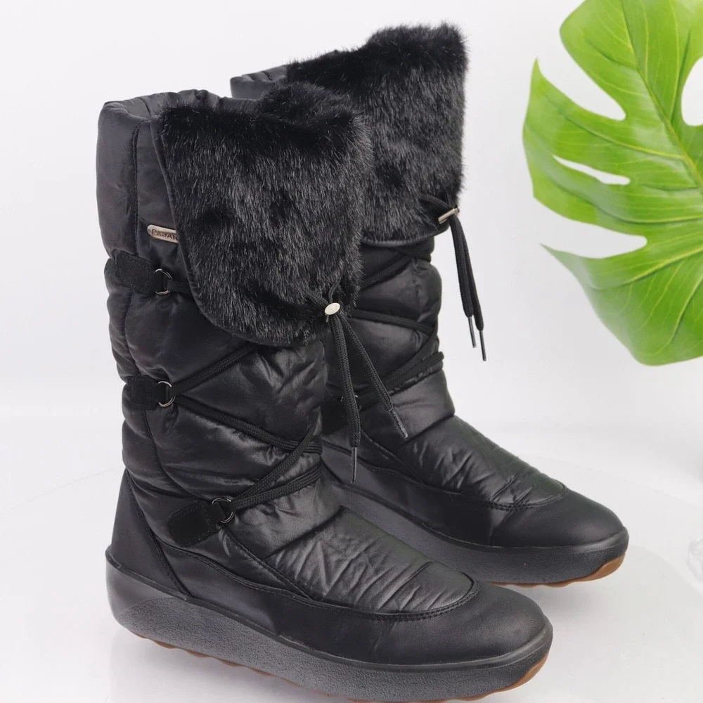 Pajar Womens Snow Boots Size 41 10 Waterproof Black Nylon Furry Pull On Quilted